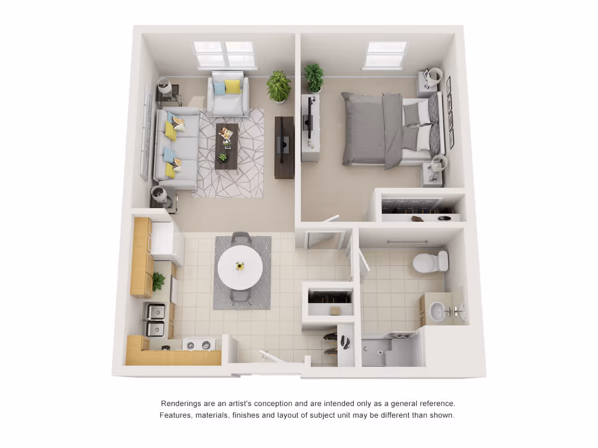 3D floor plan of a one-bedroom apartment showing a living room with sofa and armchair, a bedroom with a double bed, a kitchen with dining table and chairs, and a bathroom with a shower, toilet, and sink.