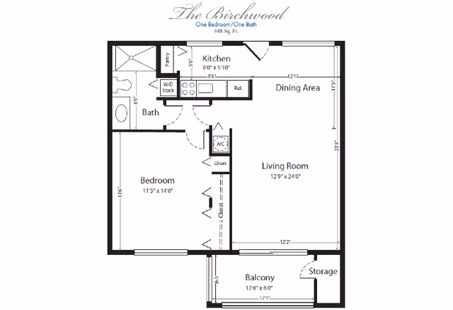 Floor plan of The Birchwood, a one bedroom, one bath apartment with 648 square feet. It includes a bedroom, bathroom, kitchen, dining area, living room, balcony, and storage space.