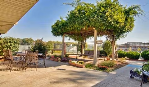 Outdoor patio area with metal chairs and tables, a pergola covered with green vines providing shade, surrounded by potted plants and greenery, with a clear blue sky in the background.