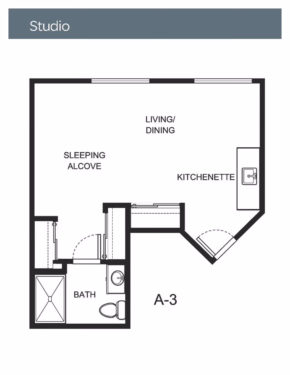 Floor plan of a studio apartment labeled A-3 showing a sleeping alcove, living/dining area, kitchenette, and a bathroom with a shower, sink, and toilet.