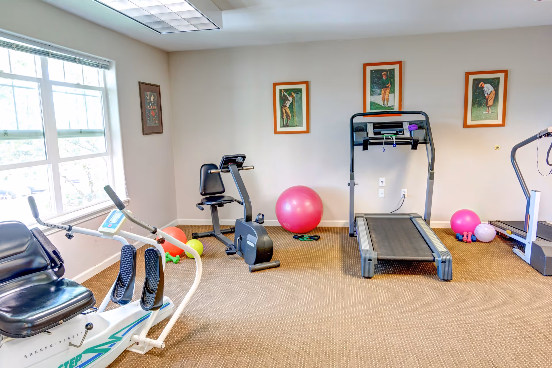 A small fitness room with exercise equipment including a recumbent bike, a treadmill, and an elliptical machine. There are several colorful exercise balls and dumbbells on the carpeted floor. The walls are decorated with framed pictures of people playing golf. A large window lets in natural light.