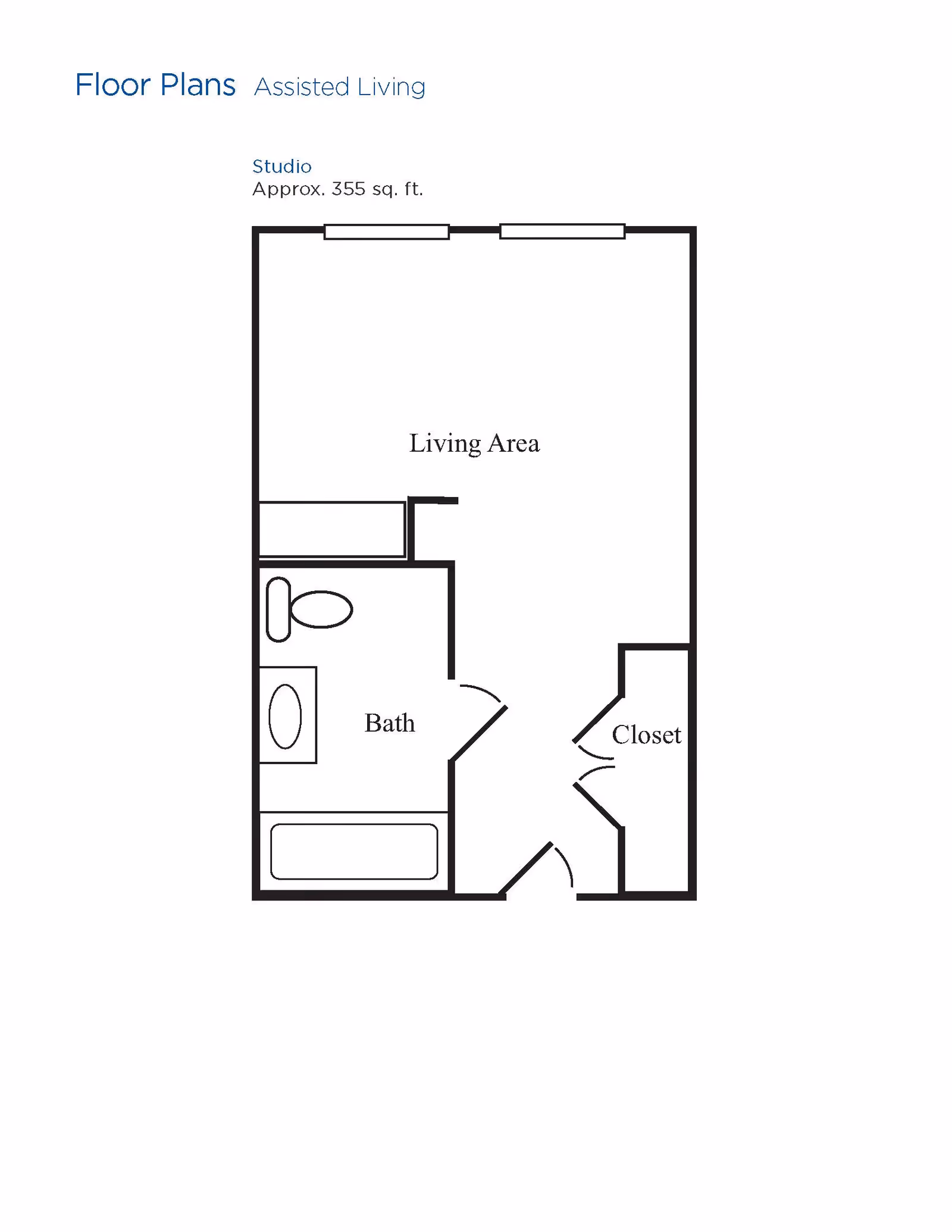 Floor plan of a studio assisted living unit approximately 355 square feet, showing a living area, a bathroom with a toilet, sink, and bathtub, and a closet near the entrance.