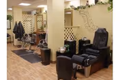 Interior view of a salon area in a senior living facility with salon chairs, a hair washing station, mirrors, and decorative plants on the walls.