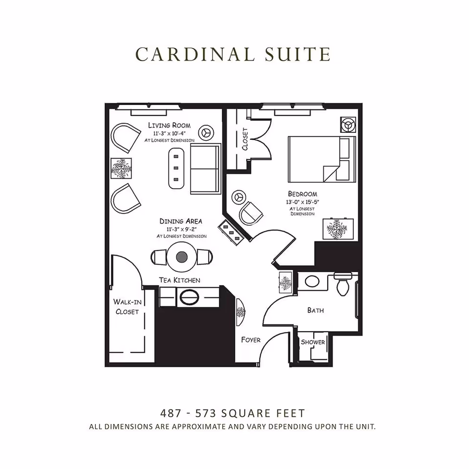 Floor plan of the Cardinal Suite at RoseWood Village Assisted Living and Memory Care - Hollymead, showing a living room, dining area, tea kitchen, walk-in closet, bedroom, bathroom with shower, and foyer. Dimensions for each room are provided, with total area between 487 and 573 square feet.