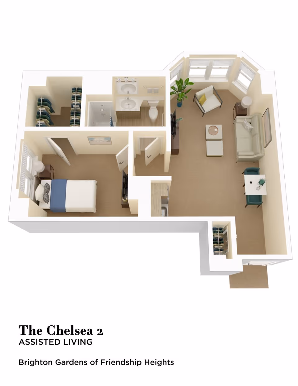 3D floor plan of an assisted living apartment named The Chelsea 2 at Brighton Gardens of Friendship Heights, showing a bedroom with a bed and nightstand, a bathroom with double sinks and a toilet, a living room with a sofa, armchair, coffee table, TV, and a small dining table with two chairs, along with closets and windows.