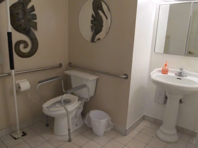 A bathroom with a toilet equipped with safety rails, a white pedestal sink with a soap dispenser, a round mirror on the wall, a decorative seahorse wall hanging, a grab bar along the wall, a toilet paper holder, a mop, and a small white trash bin on the tiled floor.