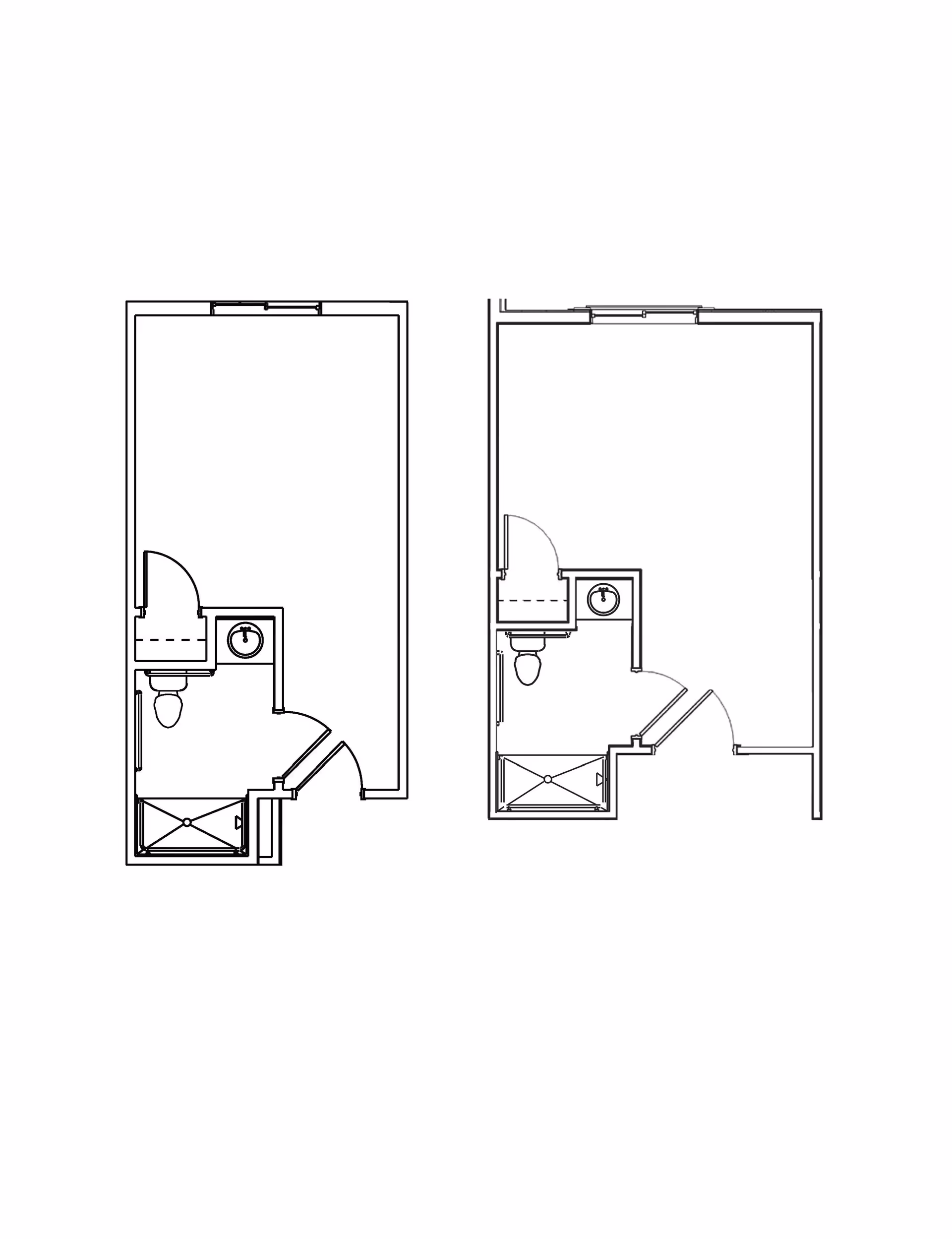 Architectural floor plans showing two similar small apartment layouts, each with a bathroom including a toilet, sink, and shower area, and an adjacent larger room.