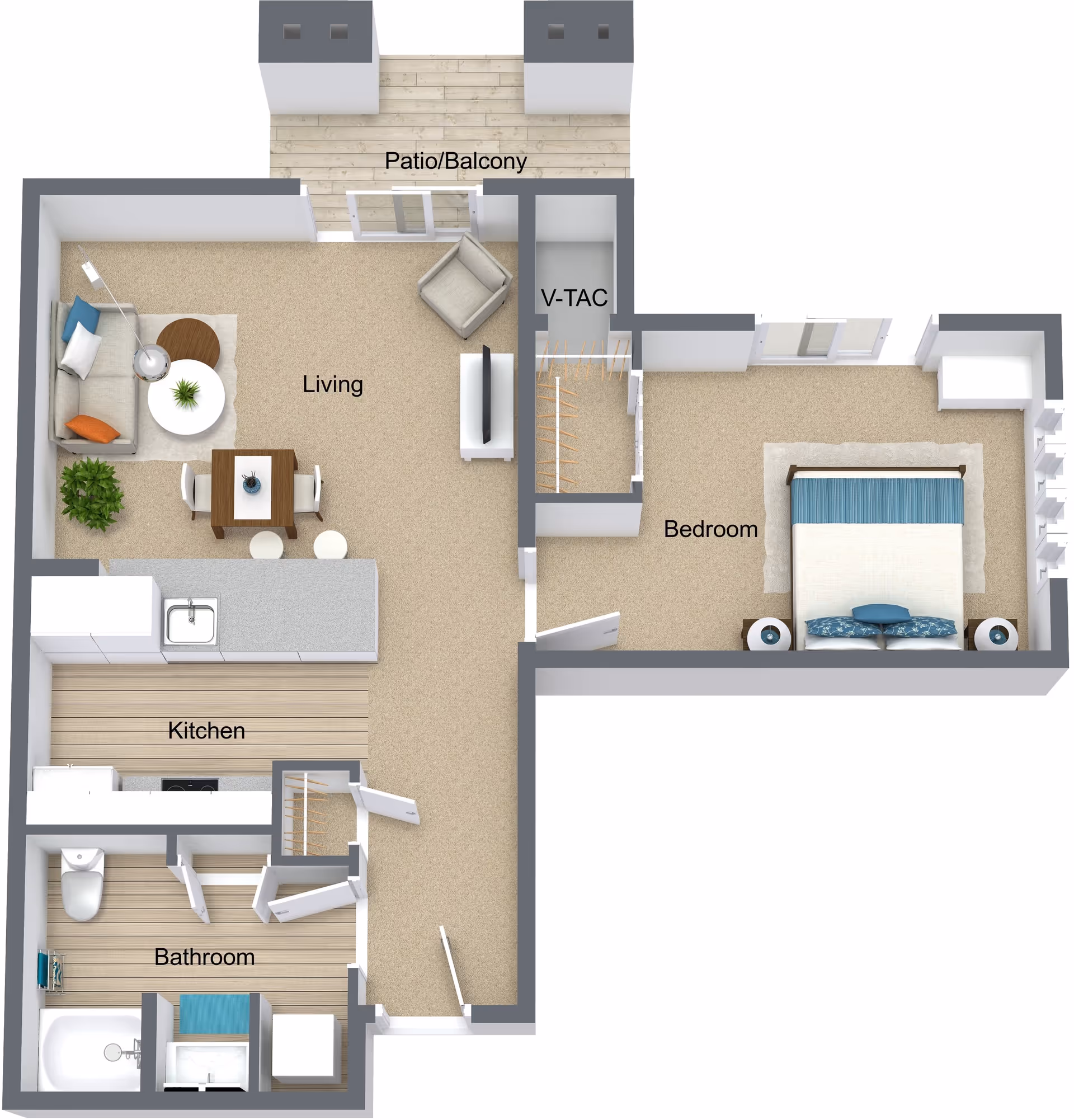 3D floor plan of a senior living unit at Bozeman Lodge showing a bedroom with a bed and nightstands, a living area with a sofa, armchair, coffee table, and dining table with chairs, a kitchen with a sink and stove, a bathroom with a toilet, bathtub, and sink, a closet labeled V-TAC, and a patio/balcony area.
