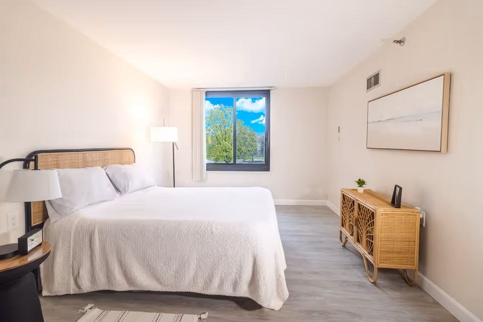 A bright bedroom with a large bed covered in white bedding, a bedside table with a lamp and clock, a floor lamp, a window showing a view of trees and blue sky, a wicker cabinet with a small plant and picture frame, and a framed artwork on the wall.