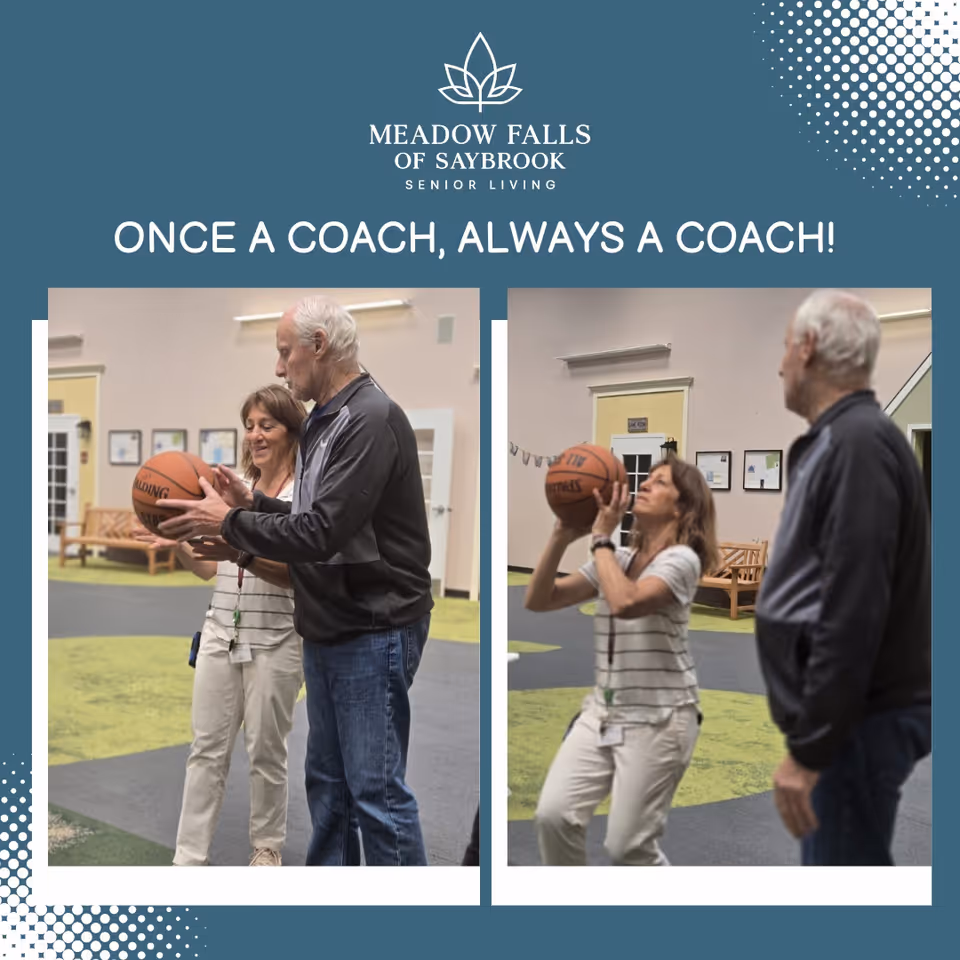 Two images side by side showing an elderly man and a woman indoors. In the left image, the man is holding a basketball while the woman stands beside him smiling. In the right image, the woman is preparing to shoot the basketball while the man watches. The setting appears to be a recreational or common area with green and gray flooring and some benches in the background.