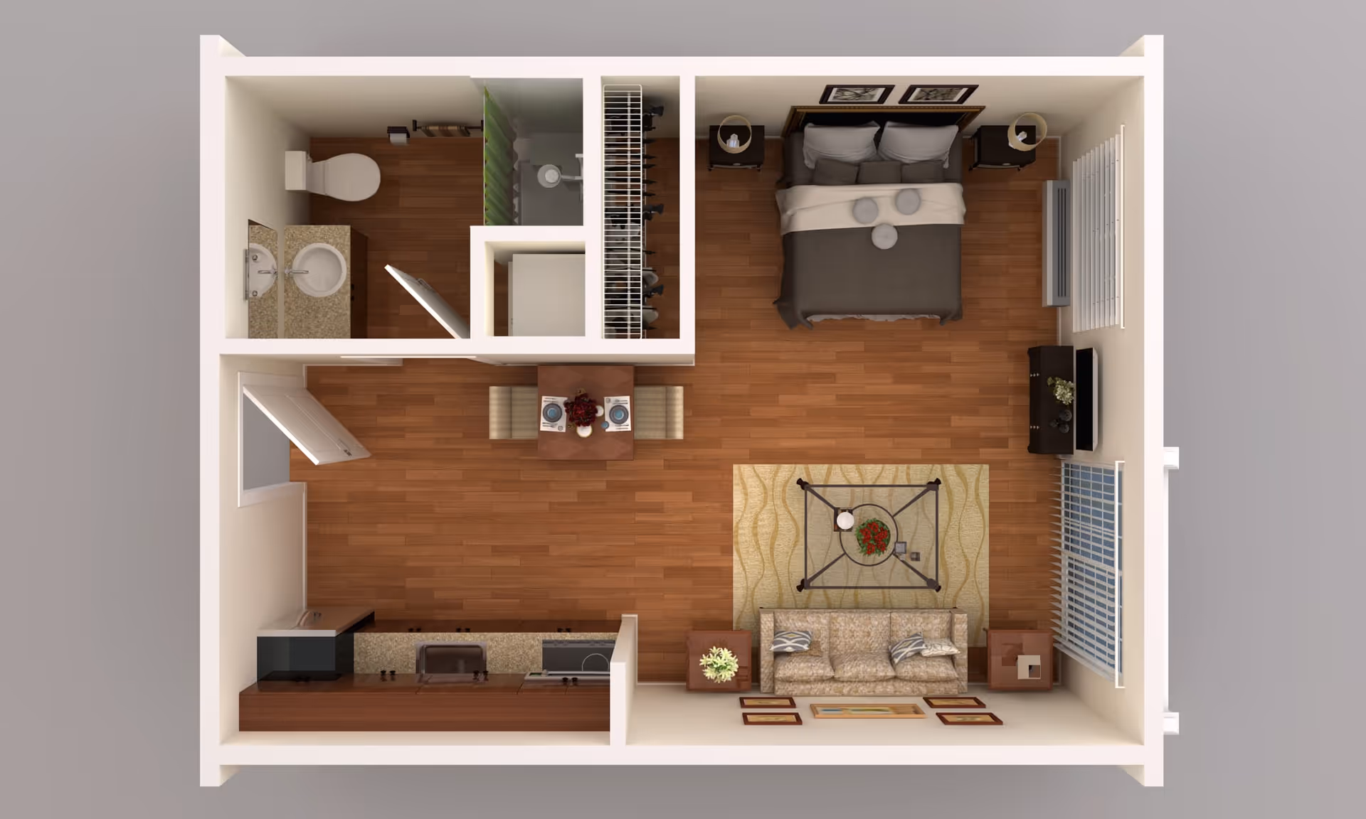 Top-down view of a senior living apartment floor plan showing a combined living and bedroom area with a bed, nightstands, a TV, a sofa, and a coffee table. There is a small dining table with two chairs near the kitchen area, which includes a stove, sink, and microwave. The bathroom has a toilet, sink, and shower, and there is a closet space between the bathroom and bedroom.
