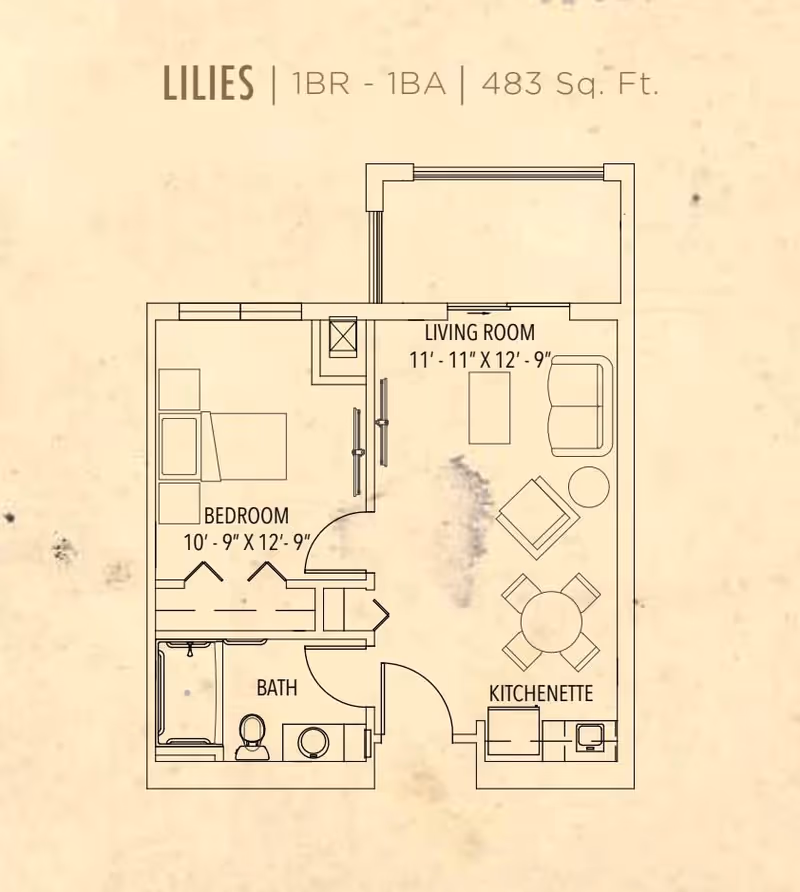 Floor plan of a one-bedroom, one-bathroom apartment named Lilies, measuring 483 square feet. The layout includes a bedroom, bathroom, living room, and kitchenette. The bedroom measures 10 feet 9 inches by 12 feet 9 inches, and the living room measures 11 feet 11 inches by 12 feet 9 inches.