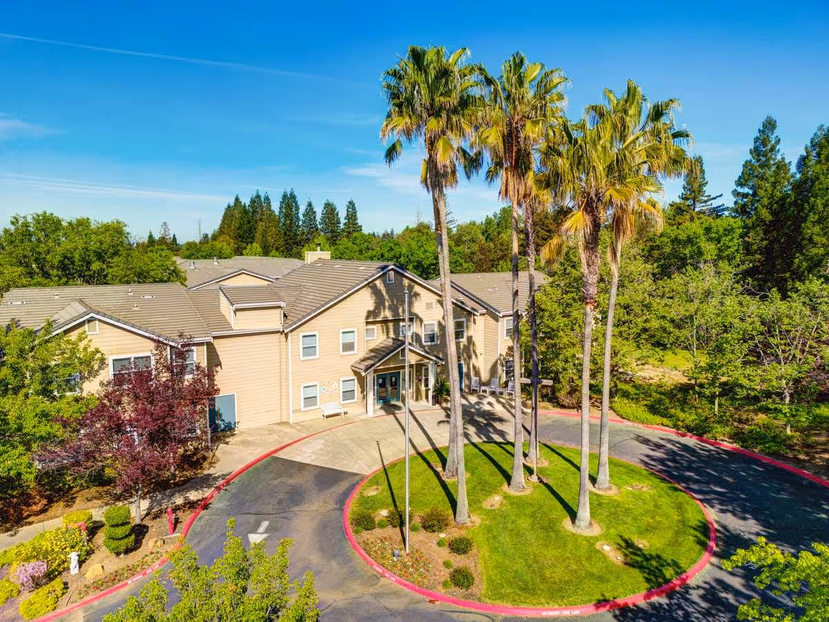 Aerial view of Vista Roseville Senior Living facility showing a beige two-story building surrounded by tall palm trees and lush greenery under a clear blue sky.