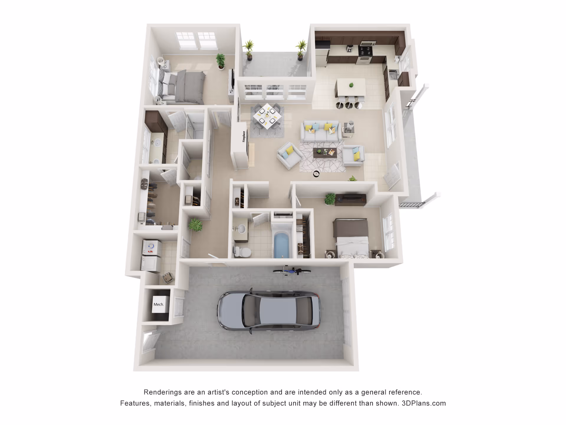 3D rendered floor plan of a single-level apartment with two bedrooms, two bathrooms, an open living room and kitchen, and an attached garage.
