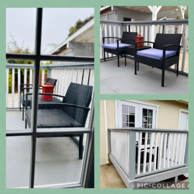 Collage of three images showing a small outdoor balcony with black wicker chairs that have purple cushions and a red lantern placed on one of the chairs. The balcony has white railings and is attached to a building with beige walls and white-framed glass doors.