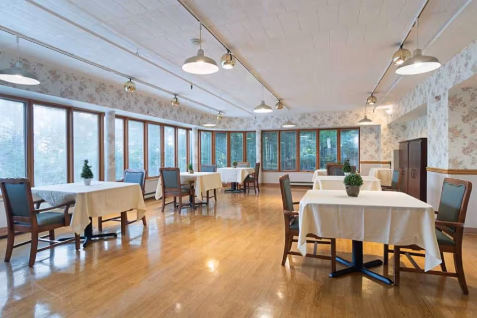 An empty dining area with tables and chairs, decorated with small plants and large windows.