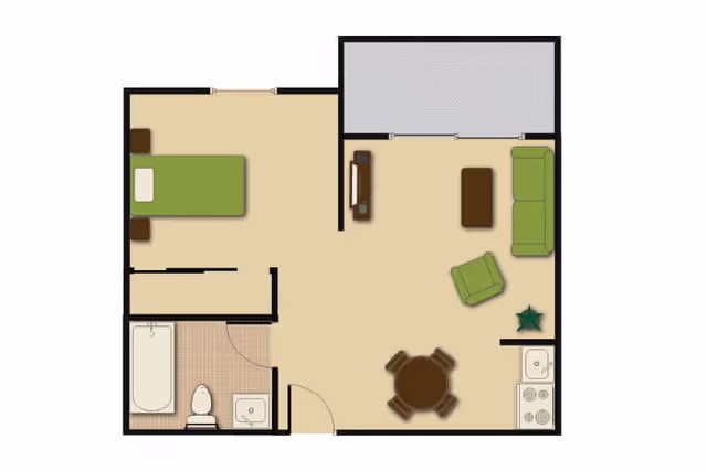 Floor plan of a one-bedroom apartment featuring a bedroom with a bed and nightstands, a bathroom with a bathtub, toilet, and sink, a living room with a sofa, armchair, coffee table, TV stand, and a dining area with a round table and four chairs, as well as a kitchen area with a stove and sink. There is also a balcony or patio area adjacent to the living room.