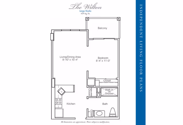 Floor plan of The Wilton large studio apartment at Stratford Court of Palm Harbor, showing a living/dining area, kitchen, bedroom, bath with walk-in shower, closets, and a balcony. Dimensions and layout details are included.