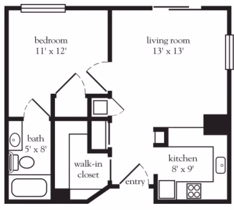 Floor plan of a one-bedroom apartment showing a bedroom measuring 11 by 12 feet, a living room measuring 13 by 13 feet, a kitchen measuring 8 by 9 feet, a bathroom measuring 5 by 8 feet, a walk-in closet, and an entry area.