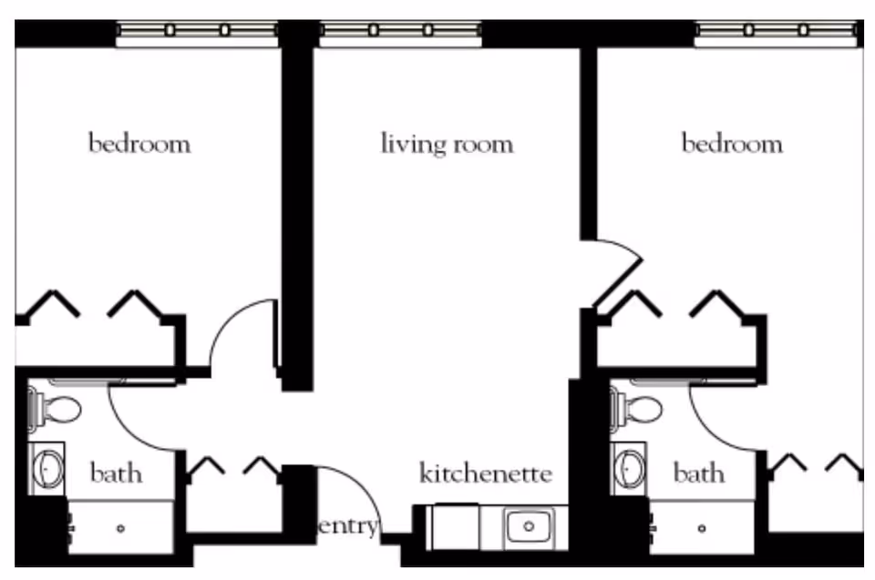 Floor plan layout showing two bedrooms, two bathrooms, a living room, a kitchenette, and an entry area.