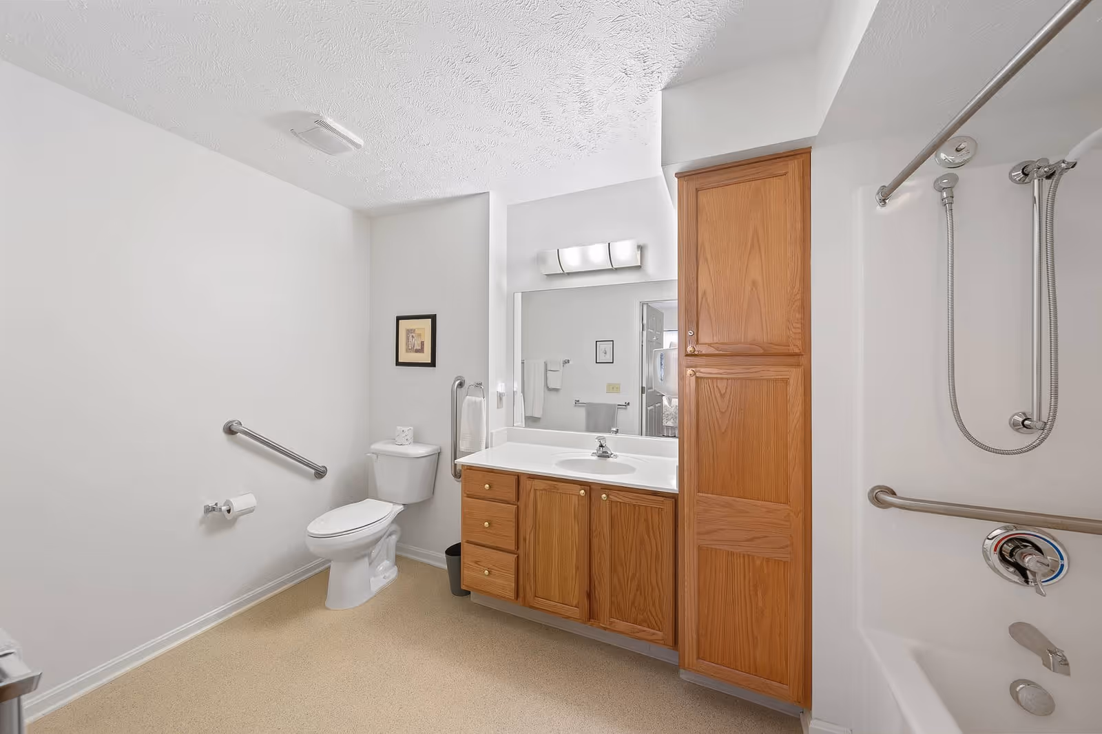 A clean and accessible bathroom with a white toilet, grab bars on the walls, a wooden vanity with a sink and mirror above it, and a bathtub with a handheld showerhead and grab bars. The walls are white and the floor is a light beige color.