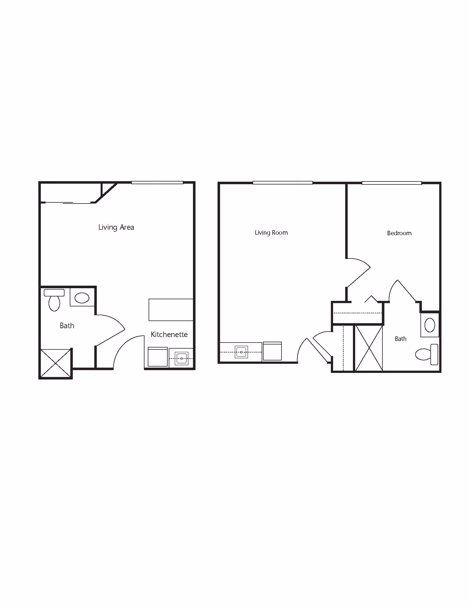 Floor plan layout showing two separate apartment units. The left unit includes a living area, bath, and kitchenette. The right unit includes a living room, bedroom, and bath.