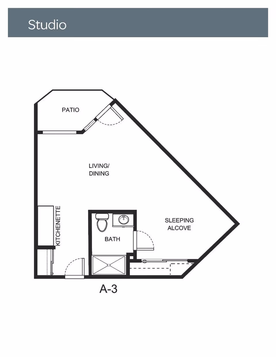 Floor plan of a studio apartment at Holiday Pinegate showing a patio, living/dining area, kitchenette, bath, and sleeping alcove.