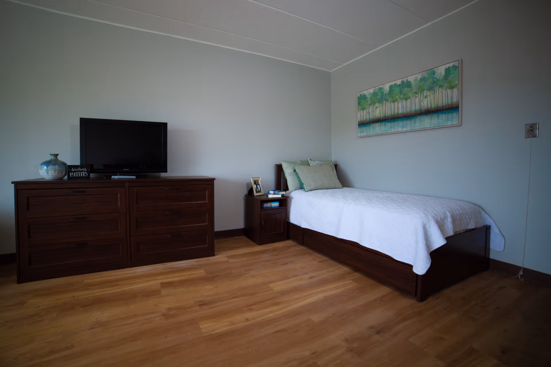 A simple bedroom with a single bed covered in a white quilt and green pillows. Next to the bed is a small wooden nightstand with a photo frame and some books. Across from the bed is a wooden dresser with a flat-screen TV on top, along with a decorative vase and a small sign that reads 'Kindness Matters'. A painting of trees above a body of water hangs on the wall above the bed. The room has wooden flooring and light-colored walls.