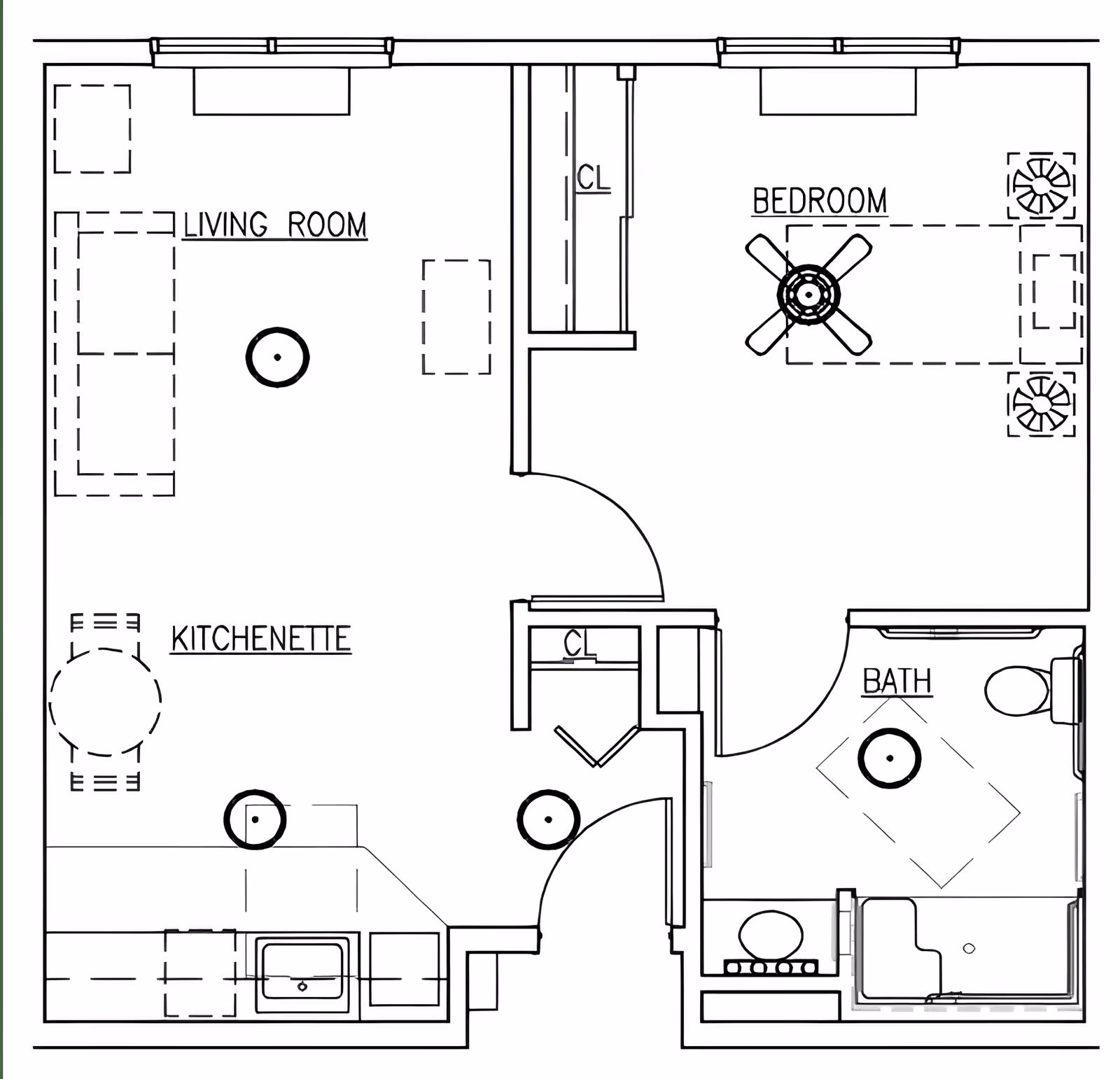 Architectural floor plan of a senior living unit at Hellenic Senior Living of Elkhart showing a living room with furniture layout, kitchenette with a small dining table, a bedroom with ceiling fan and furniture, a bathroom with toilet and shower, and closets.