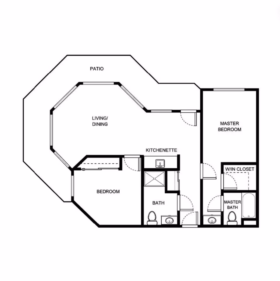 Architectural floor plan of a residential unit showing a patio, living/dining area, kitchenette, bedroom, bath, master bedroom with walk-in closet, and master bath.