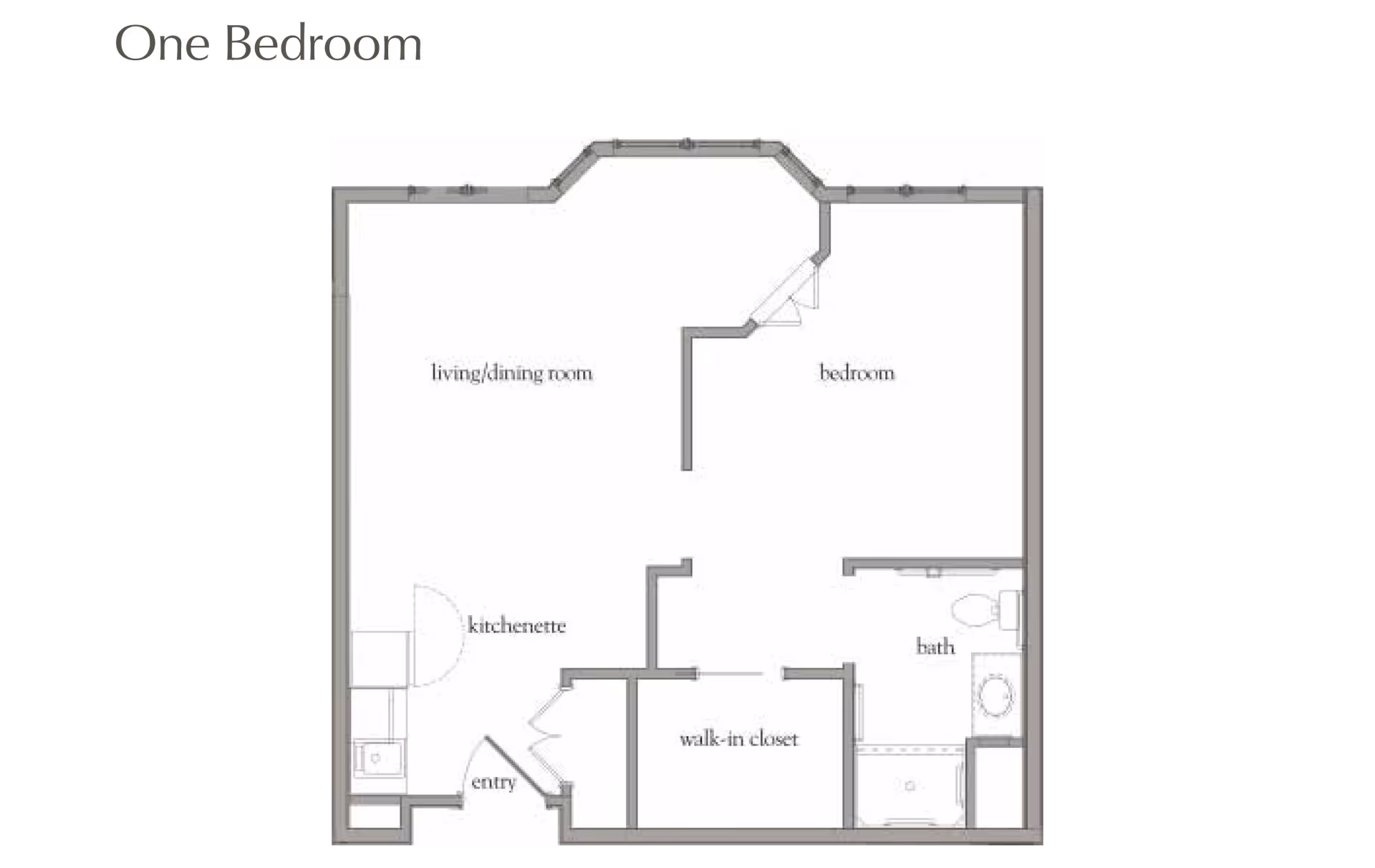 Floor plan layout of a one-bedroom apartment showing labeled areas including living/dining room, bedroom, kitchenette, entry, walk-in closet, and bath.