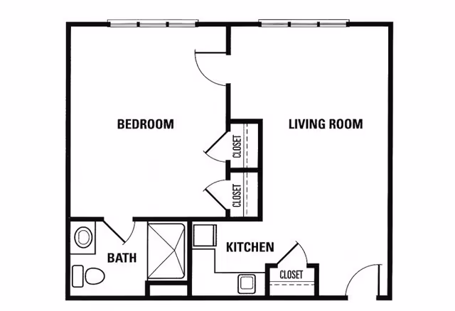 Black and white floor plan of a one-bedroom apartment showing a bedroom with two closets, a living room, a kitchen with a closet, and a bathroom with a toilet, sink, and bathtub.