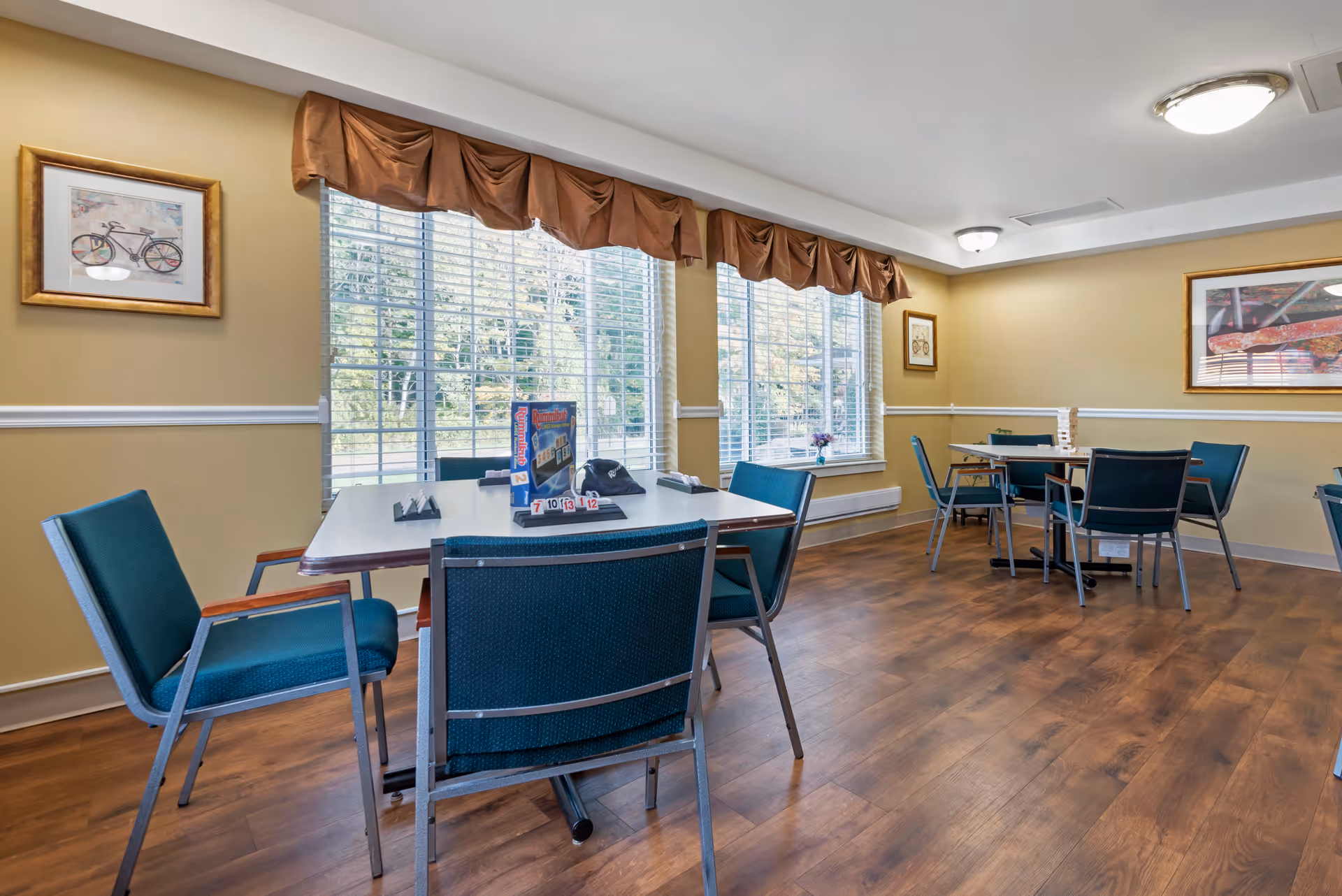 Bright communal dining/activity room with tables and teal chairs, large windows with valances, and wood-look flooring.