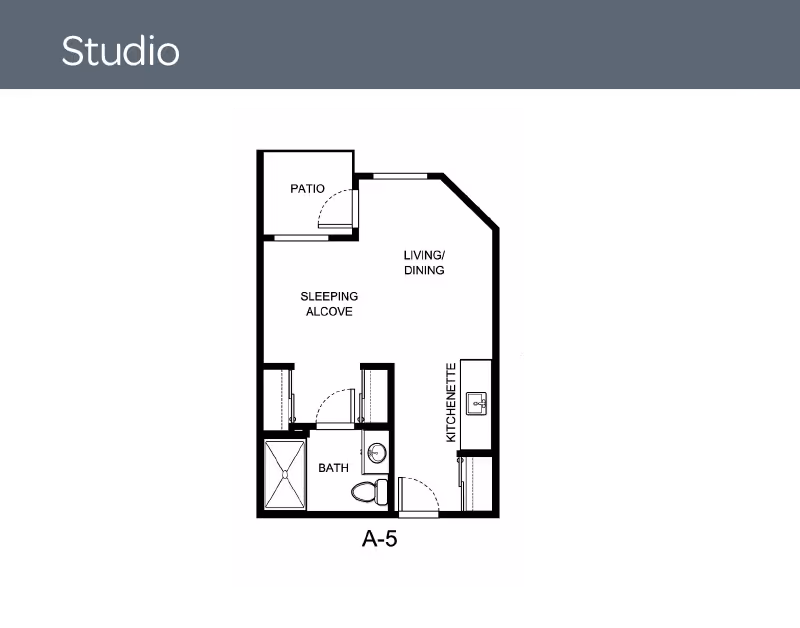 Black-and-white studio apartment floor plan labeled A-5 showing a sleeping alcove, living/dining area, kitchenette, bath, and patio.