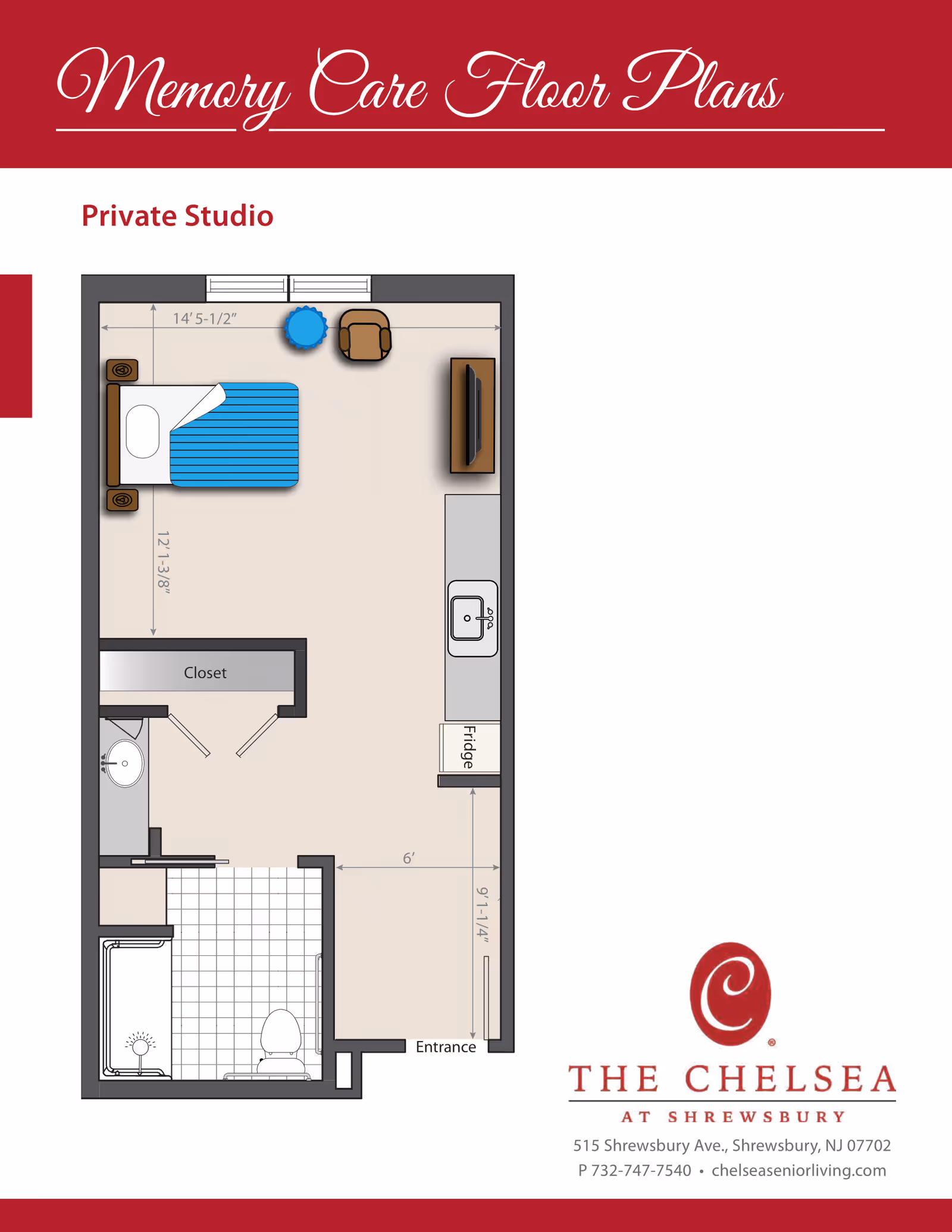 Floor plan of a private studio memory care unit at The Chelsea at Shrewsbury, showing a layout with a bed, chair, TV, kitchenette with sink and fridge, closet, bathroom with shower and toilet, and entrance.