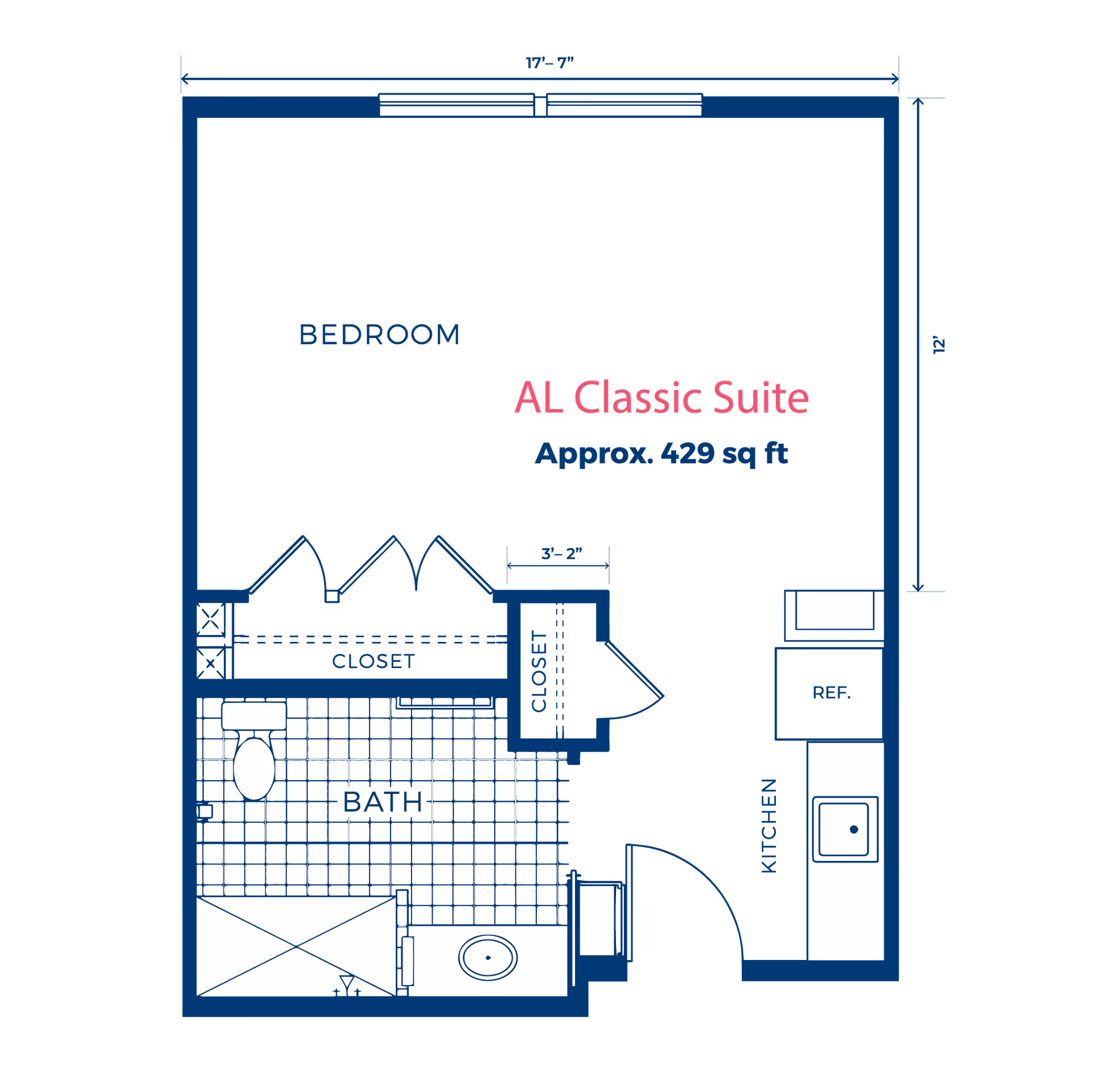 Blueprint-style floor plan labeled 'AL Classic Suite Approx. 429 sq ft' showing a bedroom, bath, kitchen, closets and measurements.