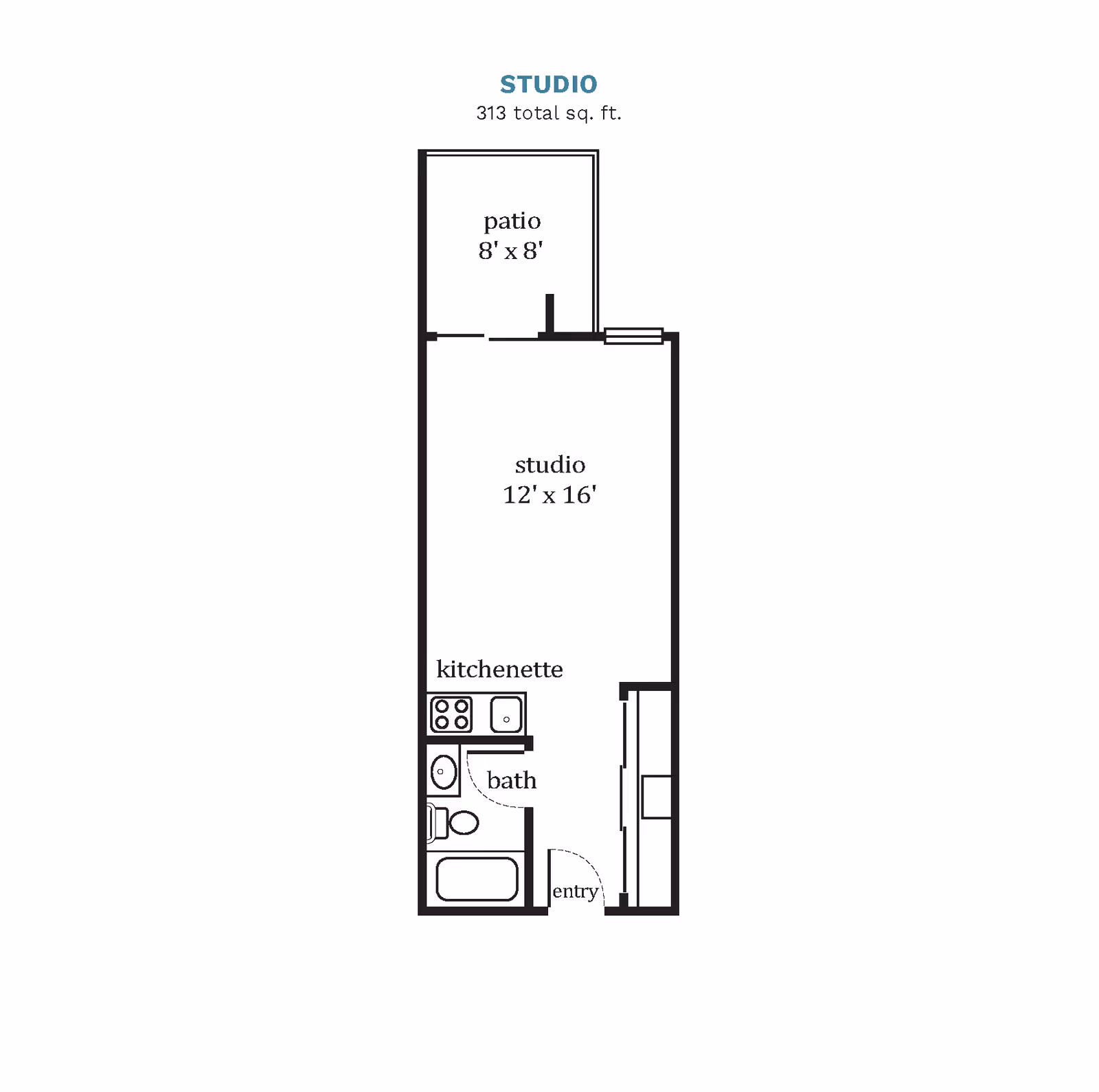 Floor plan of a studio apartment at Northgate Park showing a total area of 313 square feet. The layout includes a studio room measuring 12 feet by 16 feet, a kitchenette, a bathroom, an entryway, and an 8 feet by 8 feet patio.