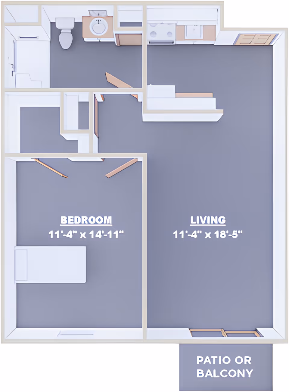 3D floor plan of an apartment unit at Danbury Cuyahoga Falls showing a bedroom measuring 11 feet 4 inches by 14 feet 11 inches, a living room measuring 11 feet 4 inches by 18 feet 5 inches, a kitchen area, a bathroom with a toilet, sink, and shower, and a patio or balcony area.