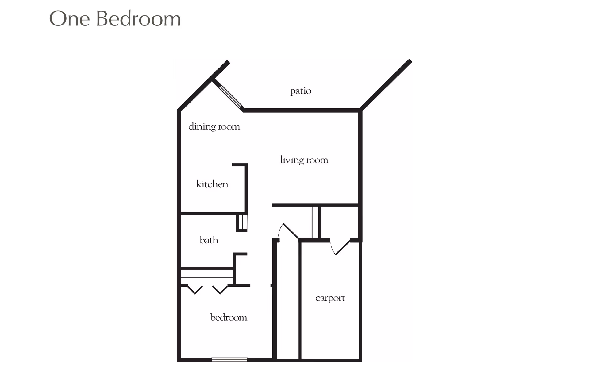 Floor plan layout of a one-bedroom unit showing labeled areas including patio, dining room, living room, kitchen, bath, bedroom, and carport.