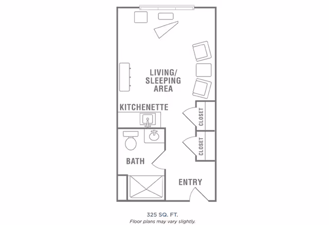 Floor plan of a 325 square foot studio apartment at Morningside of Wilmington, featuring an entry area with two closets, a bathroom with a toilet and sink, a kitchenette with a sink, and a combined living and sleeping area with furniture layout including chairs and a table.