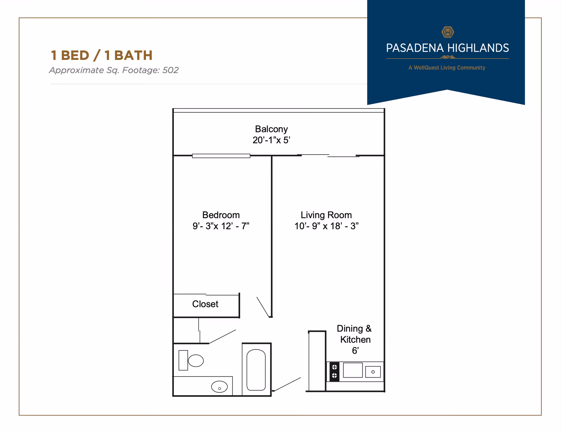 Floor plan of a 1 bedroom, 1 bathroom apartment with approximate square footage of 502. The layout includes a bedroom measuring 9 feet 3 inches by 12 feet 7 inches, a living room measuring 10 feet 9 inches by 18 feet 3 inches, a balcony measuring 20 feet 1 inch by 5 feet, a closet, a bathroom with a toilet, sink, and bathtub, and a combined dining and kitchen area measuring 6 feet. The floor plan is labeled with Pasadena Highlands logo and branding.
