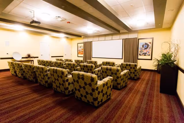 A small theater or media room with three rows of patterned armchairs facing a large white projection screen. The room has beige walls, a patterned carpet, framed artwork on the walls, and a ceiling with recessed lighting. There is a plant in a tall black planter on the right side of the room.