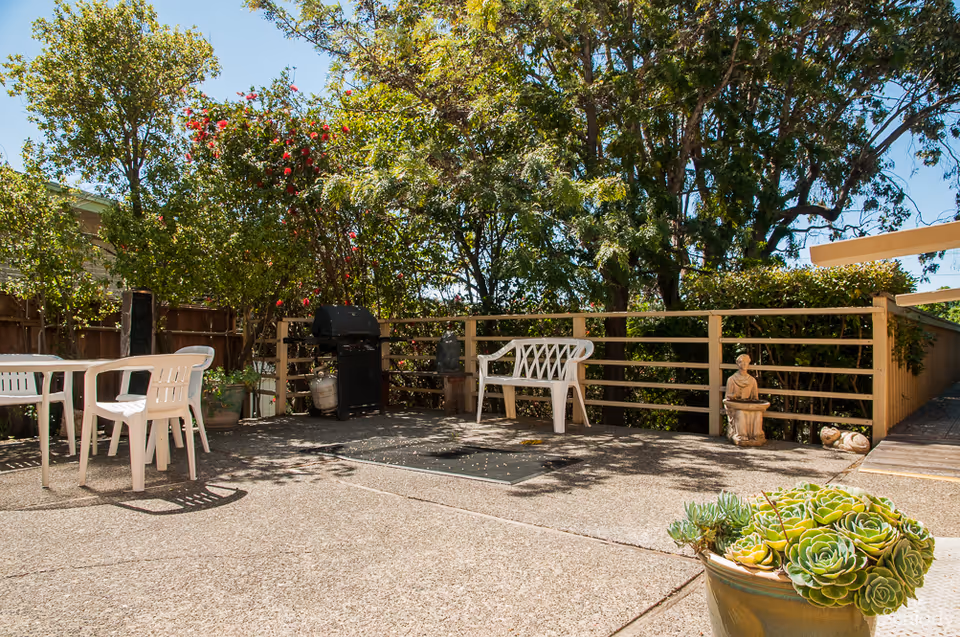Sunny outdoor patio with plastic chairs and table, a bench, barbecue grill, and potted plants.