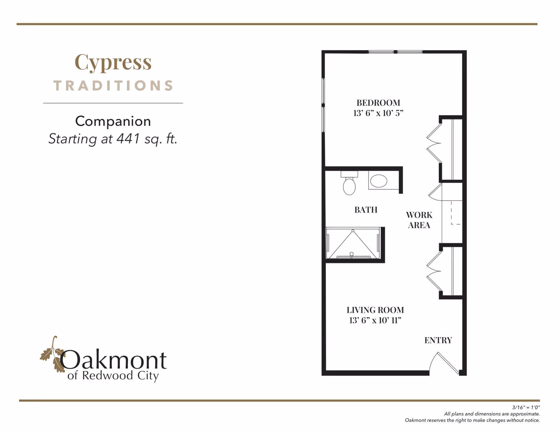 Floor plan layout of a companion apartment at Oakmont of Redwood City, named Cypress Traditions, starting at 441 square feet. The plan includes a bedroom measuring 13'6" by 10'5", a bath, a work area, a living room measuring 13'6" by 10'11", and an entry.