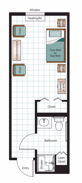 Floor plan of a senior living unit showing an entry leading to a bathroom with shower, sink, toilet, and linen closet. The main room includes a twin or day bed with two nightstands, a chest of drawers, two chairs, and an entertainment unit. There is a window with heating/AC above it and a closet near the bathroom.