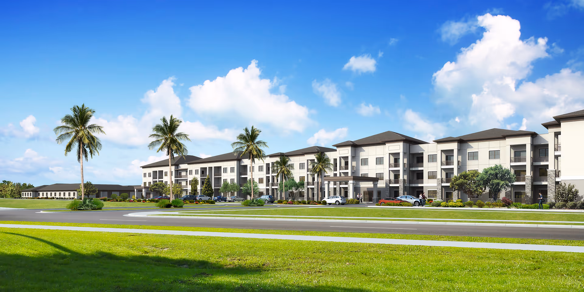 Exterior view of a large, modern senior living facility named Highpoint at Stonecrest with three stories, palm trees, a driveway with cars, and a well-maintained lawn under a blue sky with scattered clouds.