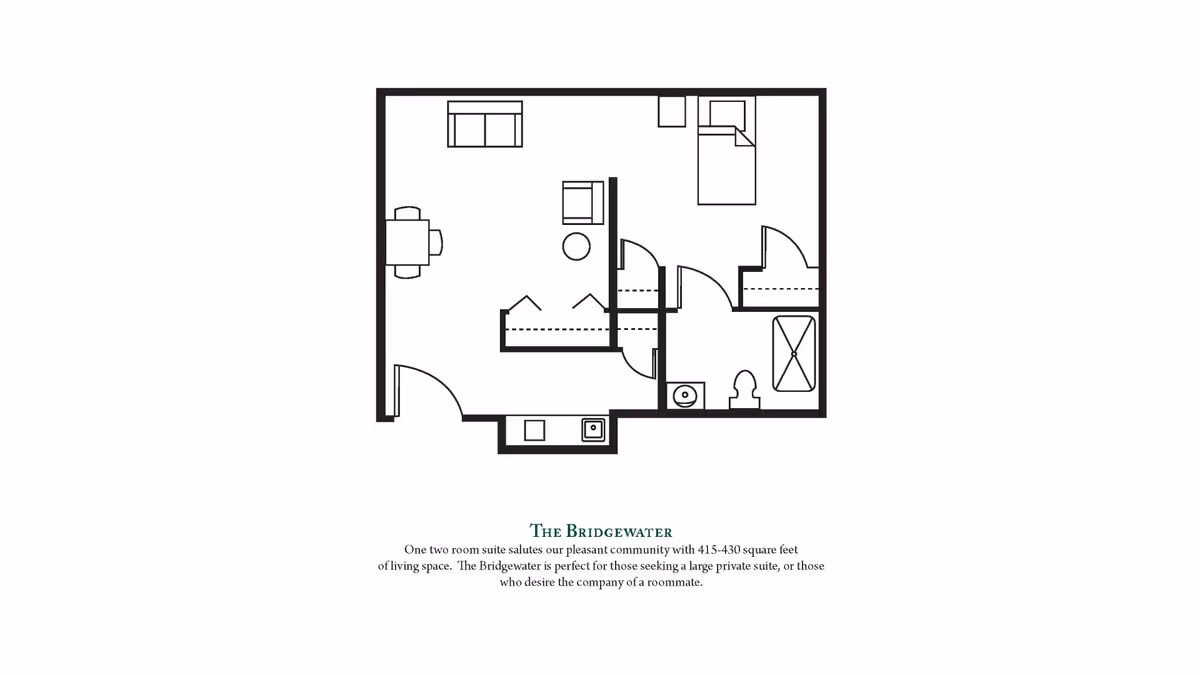 Floor plan of The Bridgewater, a one-bedroom suite with a living area, dining area, kitchen, bathroom, and bedroom. The layout includes a sofa, dining table, bed, and bathroom fixtures.