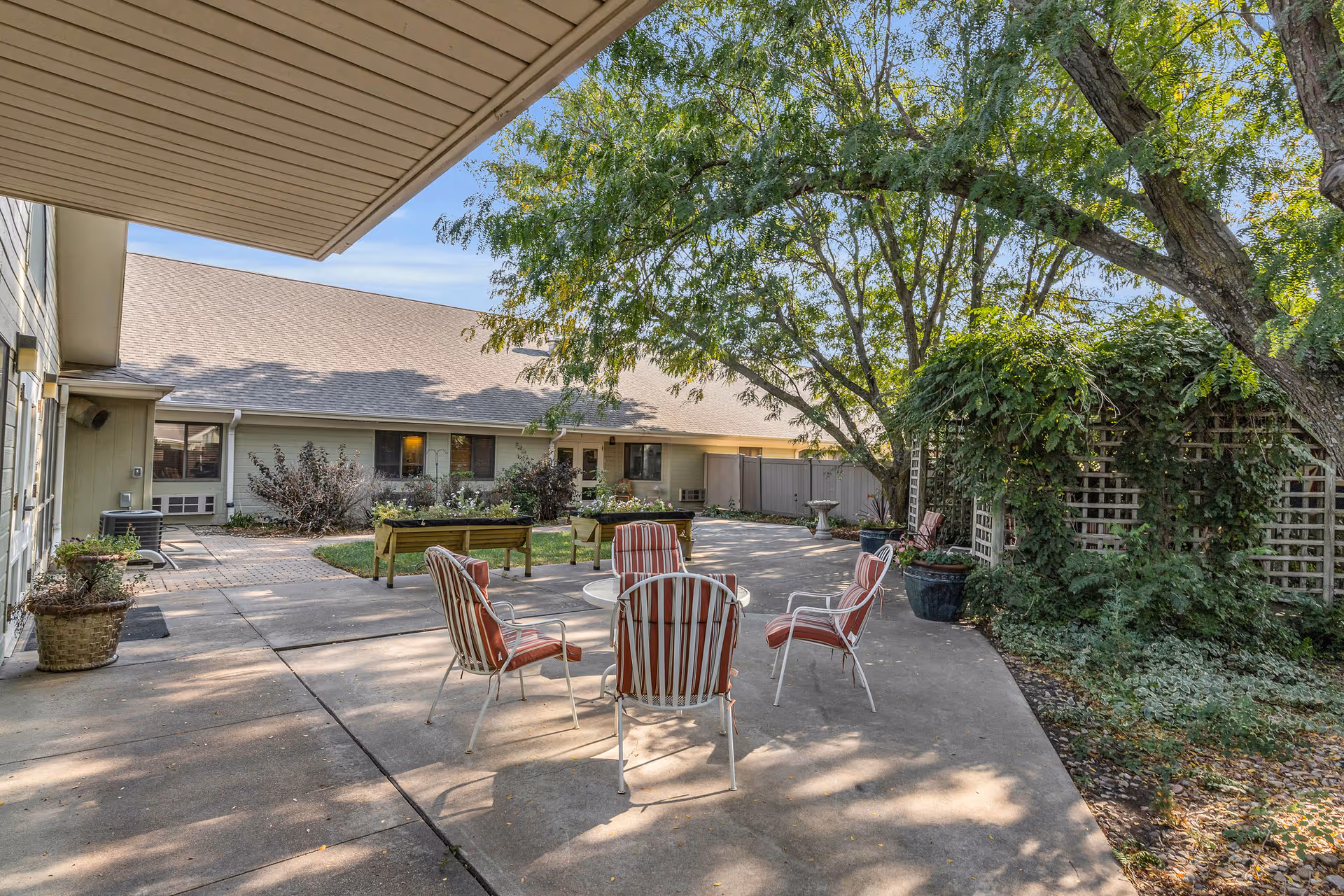 Outdoor patio area at Cambridge Place with a round table surrounded by five striped cushioned chairs, a wooden bench, potted plants, and a trellis covered with greenery under a large tree providing shade.