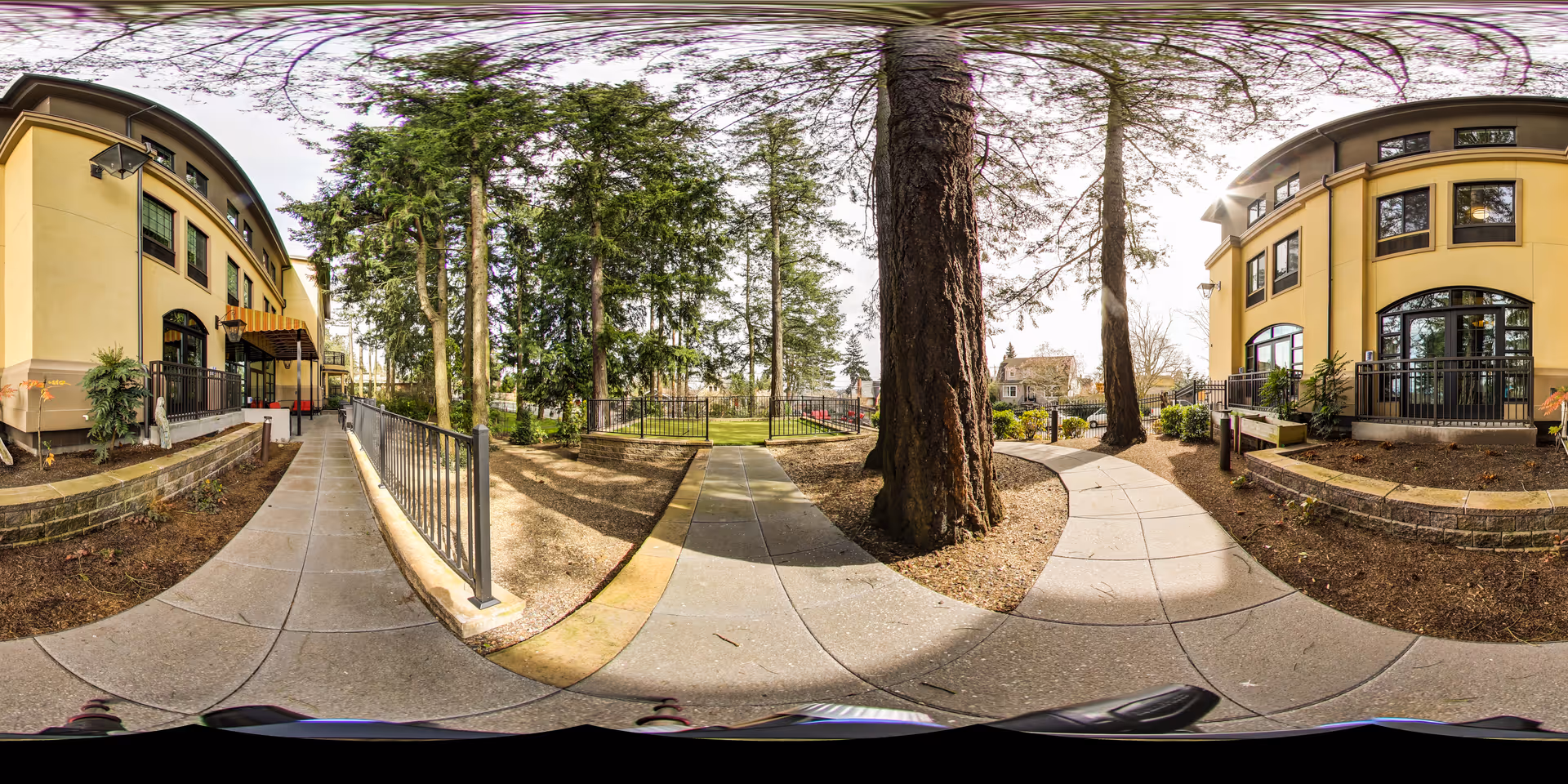 Outdoor pathway area at Aegis Living Ravenna featuring paved walkways, tall trees, and landscaped garden beds alongside a yellow building with large windows and balconies.