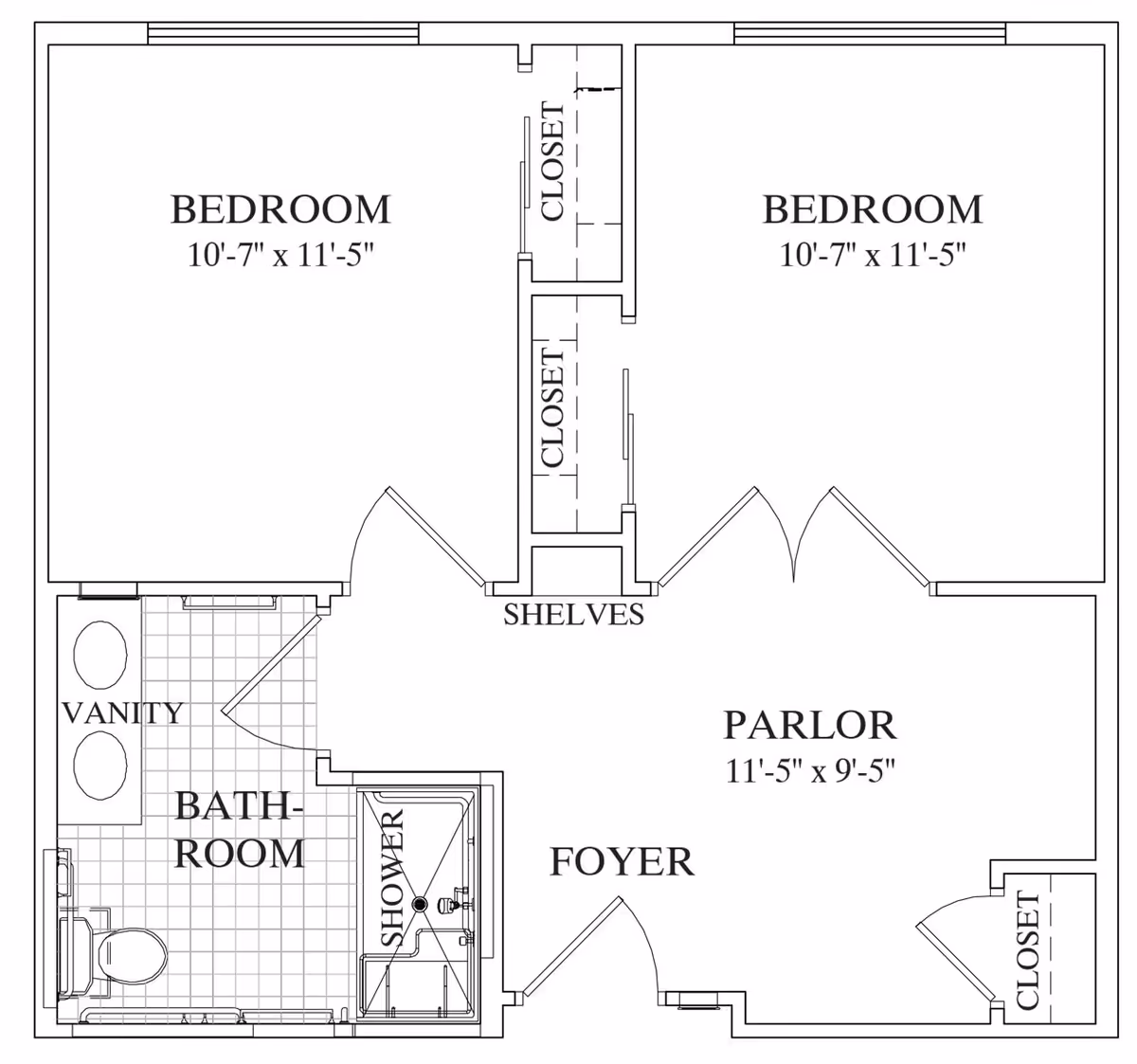 Architectural floor plan showing two bedrooms each measuring 10'-7" x 11'-5", a parlor measuring 11'-5" x 9'-5", a bathroom with vanity, toilet, and shower, closets, shelves, and a foyer.